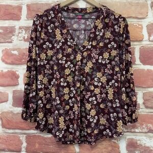 Vince Camuto Top Women's Small Burgundy Multicolor Floral Casual Career Shirt